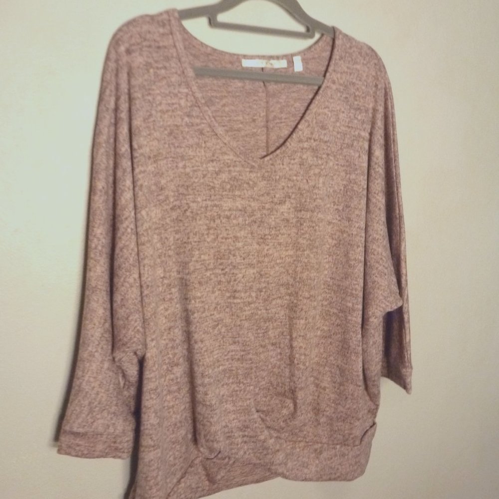Cyrus Vneck knot hem 3/4 sleeve batwing sweater 2X XXL pink black heather